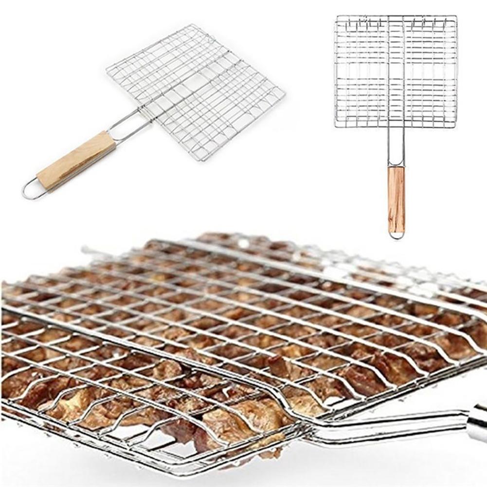 Iron Wire Grilling Barbecue BBQ Basket Net Wooden Meat Handle Fish Clip Holder