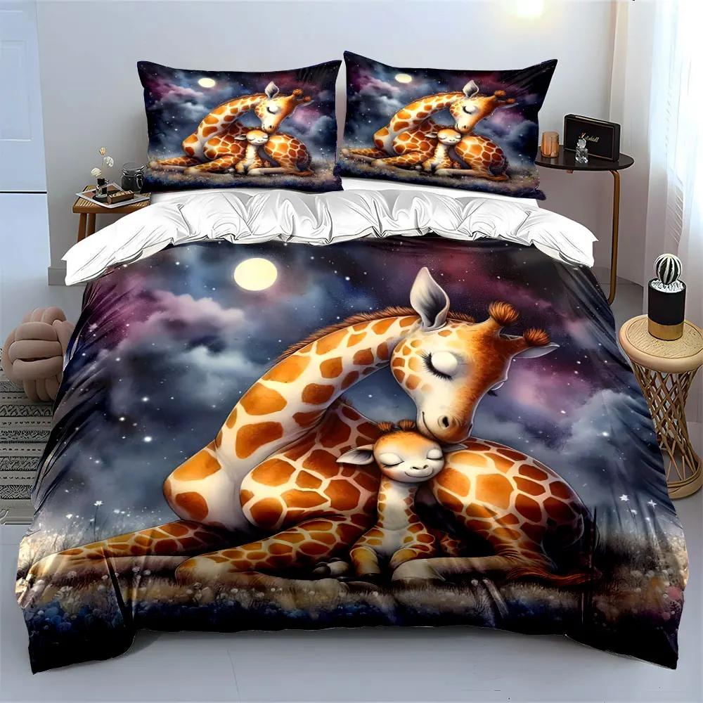 Giraffe Family Starry Night Decor Soft Comfortable Duvet Cover Bedding Set Included 1*Duvet Cover & 2*Pillowcases Gift