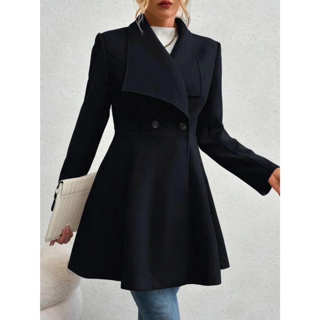 Autumn Winter Women's Notched Lapel Wool Coat, Double-Breasted Trench Style Overcoat with Solid Color Design, Elegant Outerwear for Office & Commute