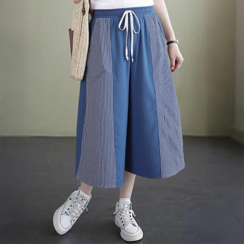 ZANZEA Women Casual Elastic Waist Loose Stripe Splice Capri Pants