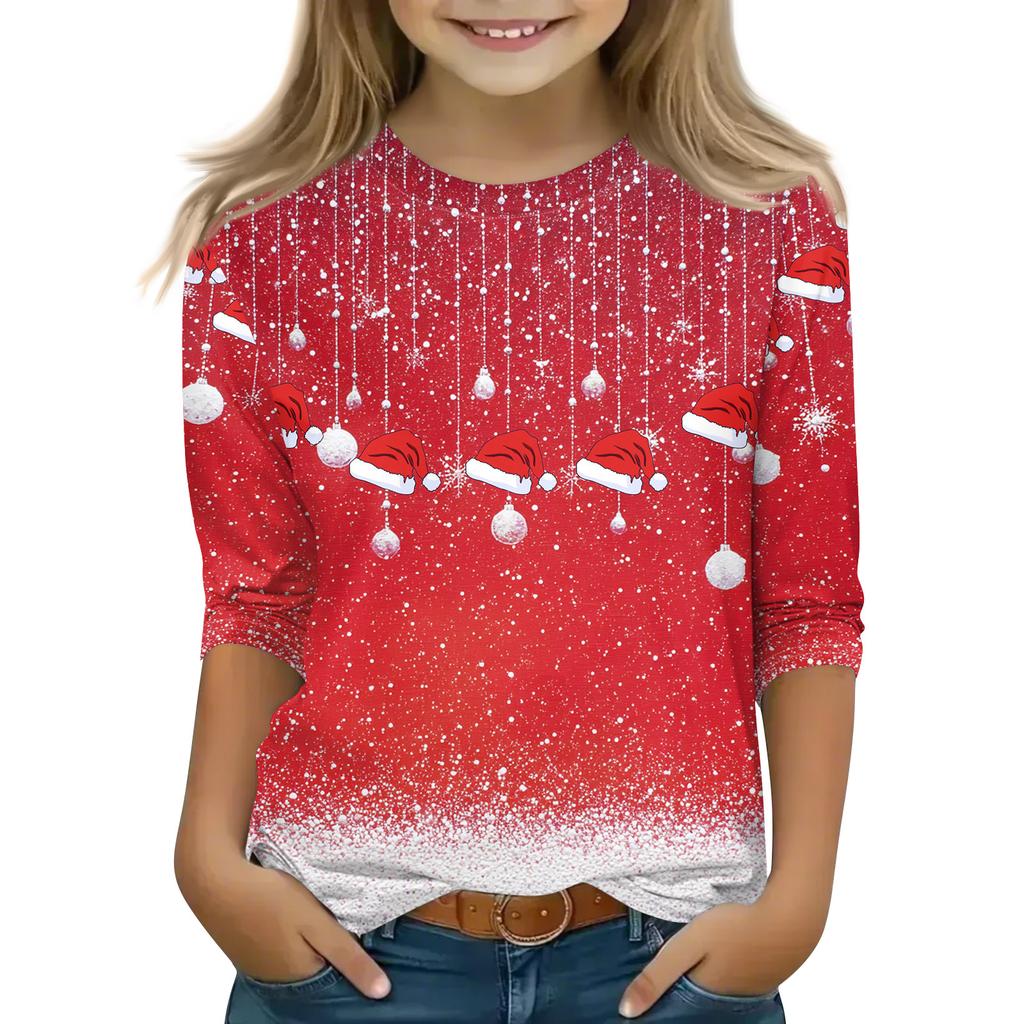 Christmas Day Print Tops For Youth Girls 4-11 Years Round Neck 3/4 Sleeves T-Shirts Trendy Tops Outfit Tees