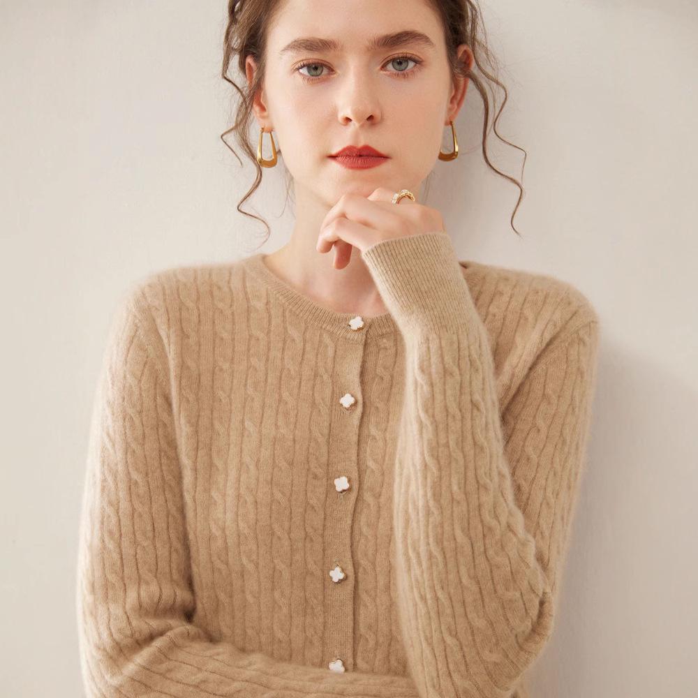 2024 Autumn/Winter Women's Round Neck Cashmere Cable Knit Cardigan - Korean Style Loose Slimming Coat