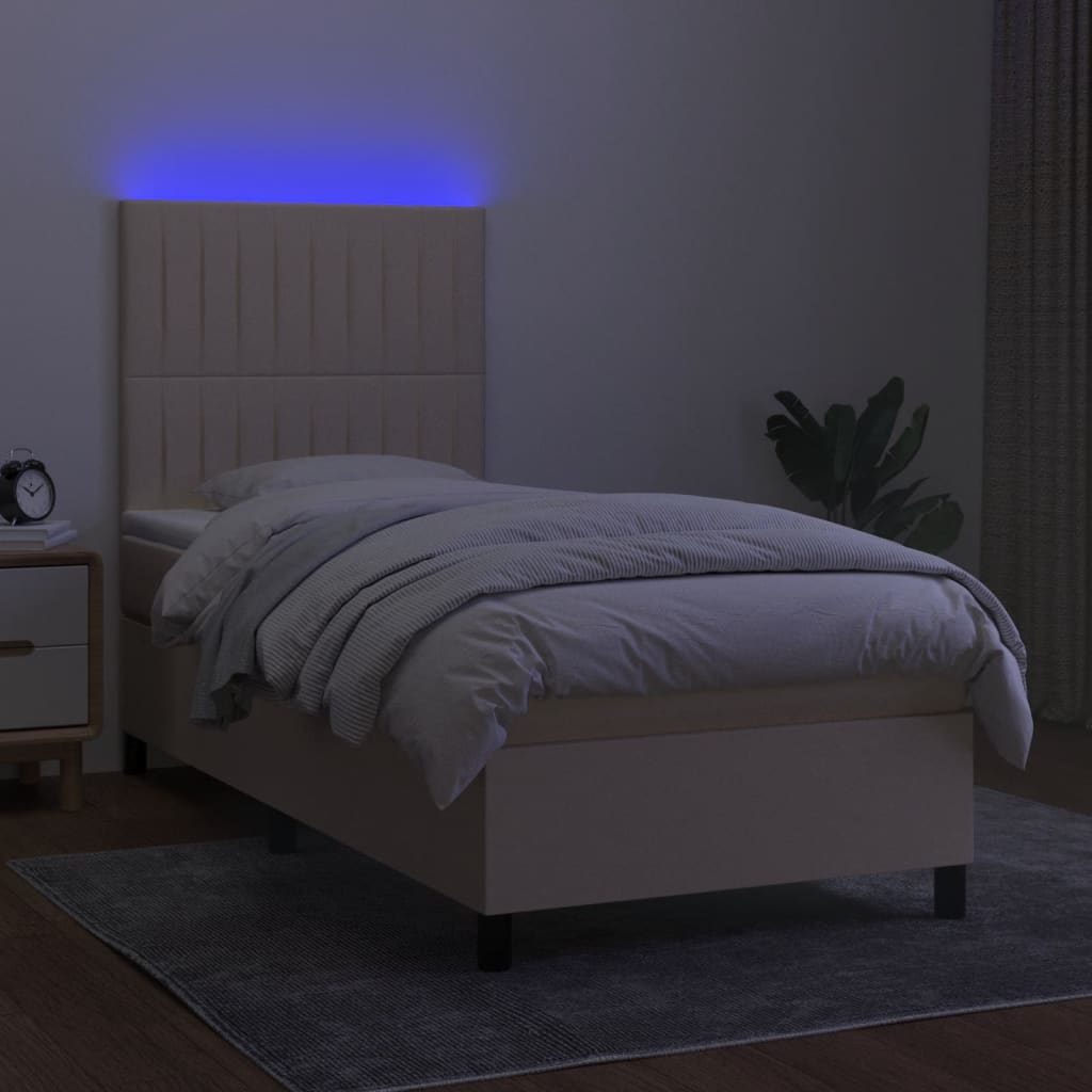 Box Spring Bed with Mattress & LED Cream 90x200 cm Fabric