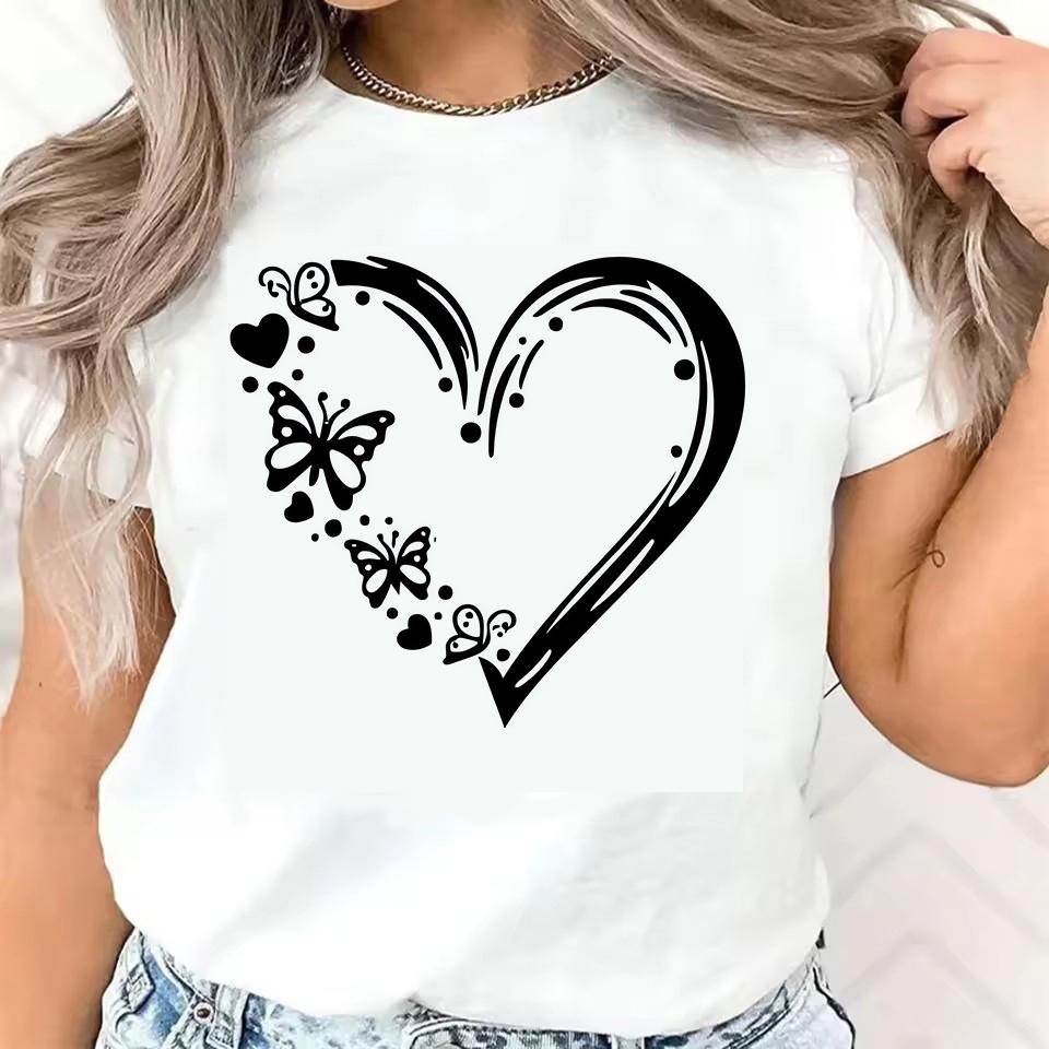 

Letter Cartoon Love and Heart Graphic Print T-shirt Short Sleeve Crew Neck Top Tee Women s Clothing S
