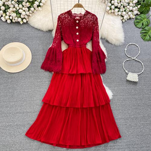 

Элегантное однотонное сексуальное плиссированное платье трапециевидной формы с круглым вырезом для лета, пляжа и отдыха, Vestidos, тонкий сладкий женский вечерний сарафан One Size красный