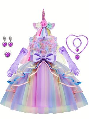 7pcs Girls Unicorn Costume, Rainbow Princess Dress, Toddler Unicorn Birthday Party Dress, Halloween Kids Cosplay, Fairy Tales Dress Up, With Headband