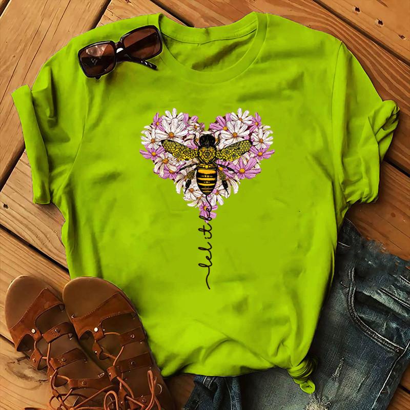 Coton 100% Femme Noël Animal Fleur Manches Courtes Abeille Fleur Imprimé Surdimensionné T-shirt Graphique T-shirts Hauts Harajuku