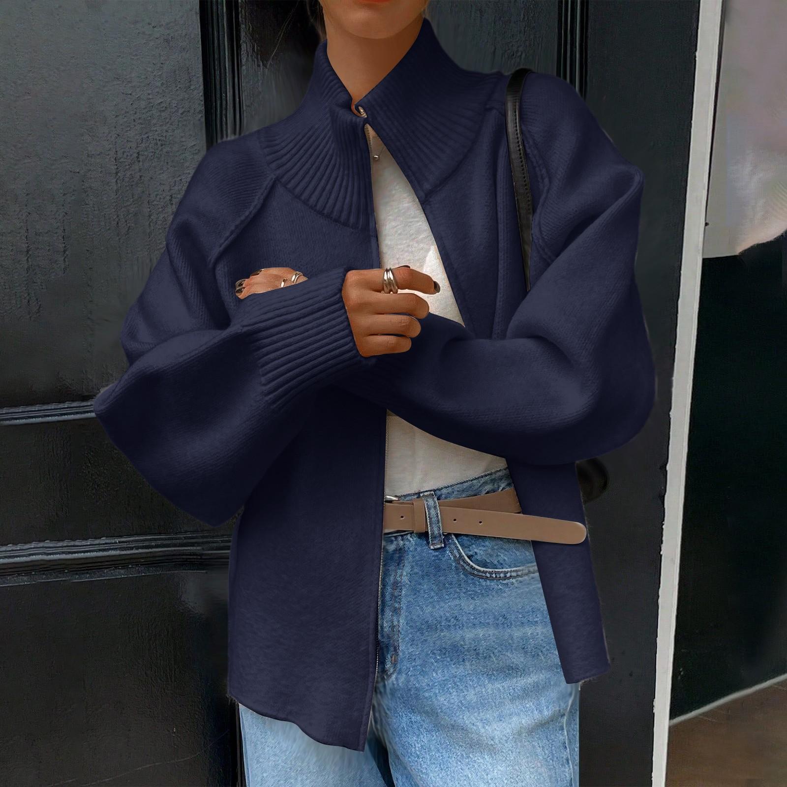 

Женский модный повседневный кардиган однотонного цвета со стойкой, длинными рукавами и застежкой-молнией, вязаная куртка One Size тёмно-синий