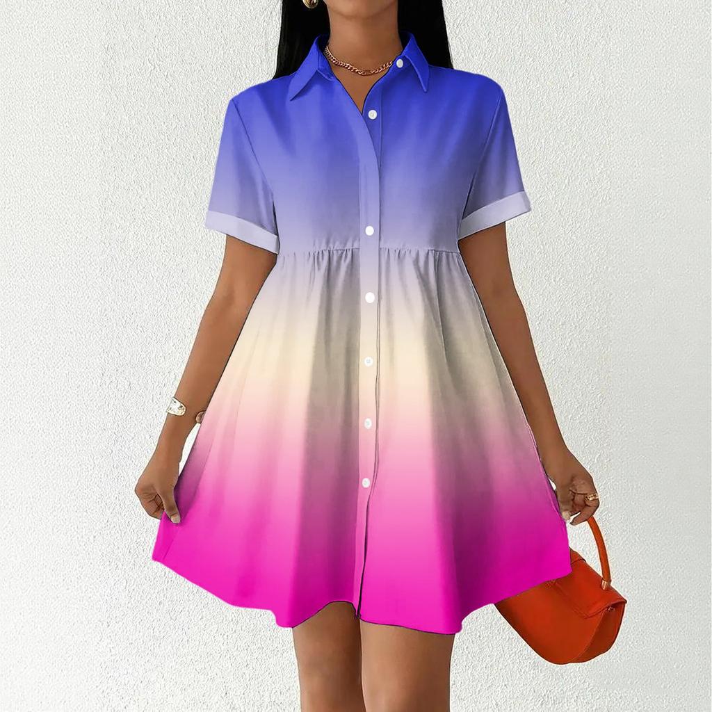 Women’s Casual Loose Fit Shirt Dress Button Down Stand Collar Short Sleeve Gradient Print Fashion Tunic Dress