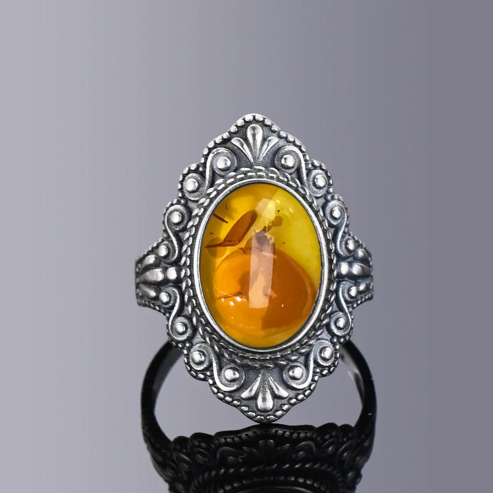 S925 Silver Ring With Natural Amber Stone Flower Shape Oval Petal Amber Stone Gifts Fine Jewelry For Women