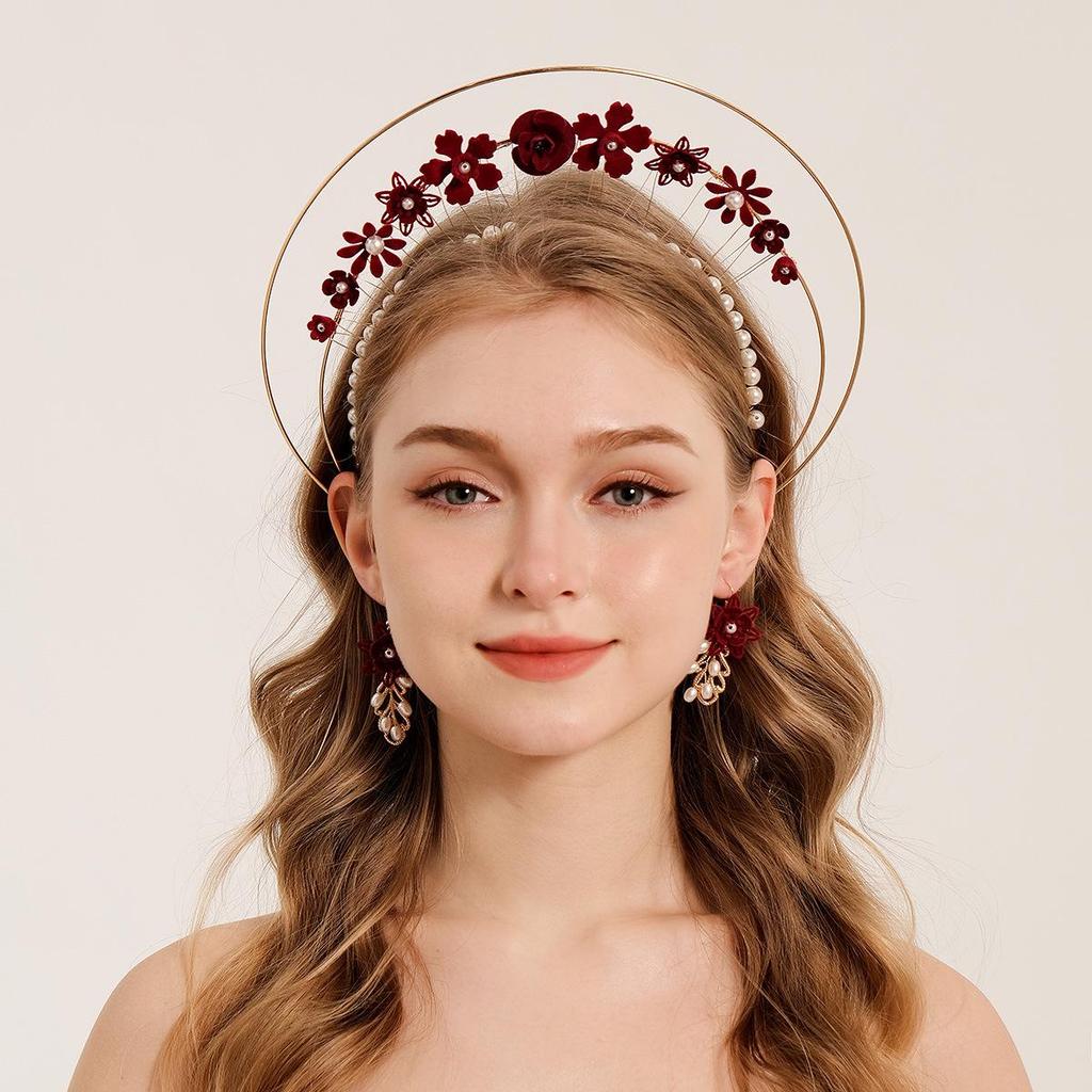 Vintage Lolita Virgin Mary Halo Tiara: Handmade Floral Pearl Headdress for Fashion Shows