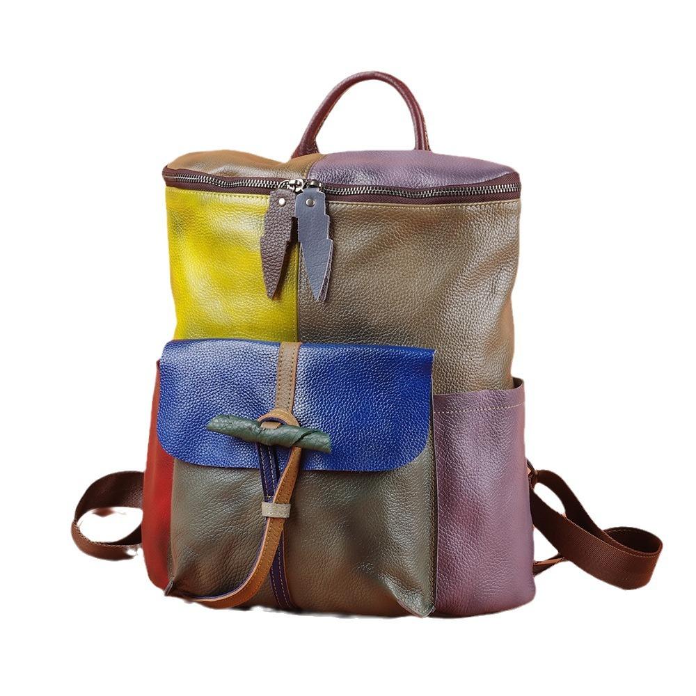 Retro Genuine Leather Colored Polished Old Cowhide Backpack Bucket Bag Casual Women'S Backpack