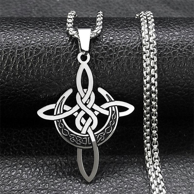 Crescent Celtic Irish Knot Necklaces Stainless Steel Witch Moon Amulet Protection Chain Necklace Zircon Collier Luna N8145S1