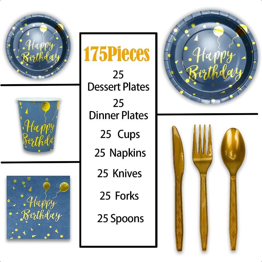 175 Pieces Gold Disposable Party Dinnerware Set andDisposable Birthday Party Dinnerware Paper Plates Napkins Cups Gold Plastic