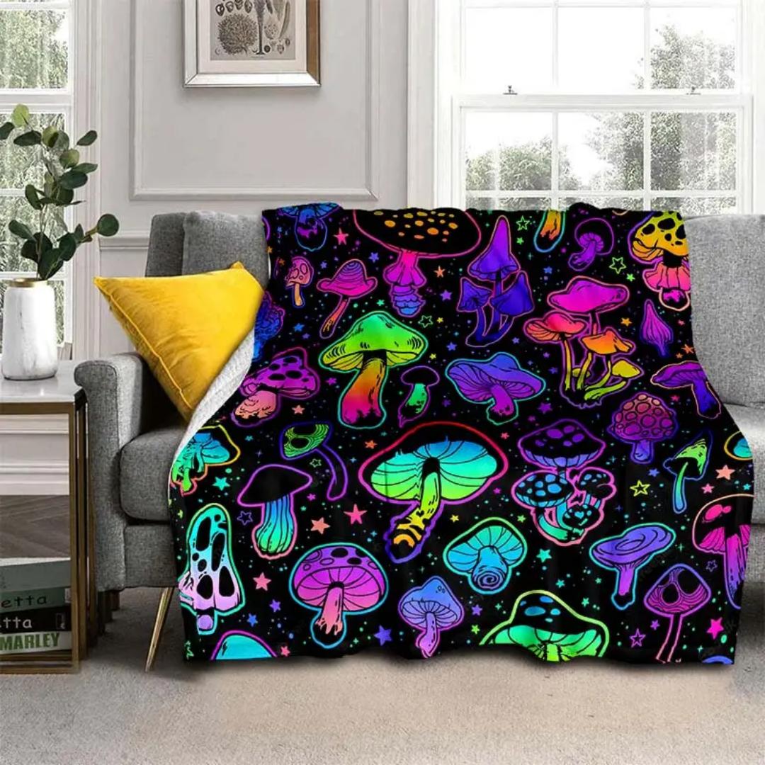 

1pc Black Blanket Colorful Mushrooms Printed Flannel Blanket for Home Living Room Bedroom Decoration New Year Christmas Gift 100x150cm
