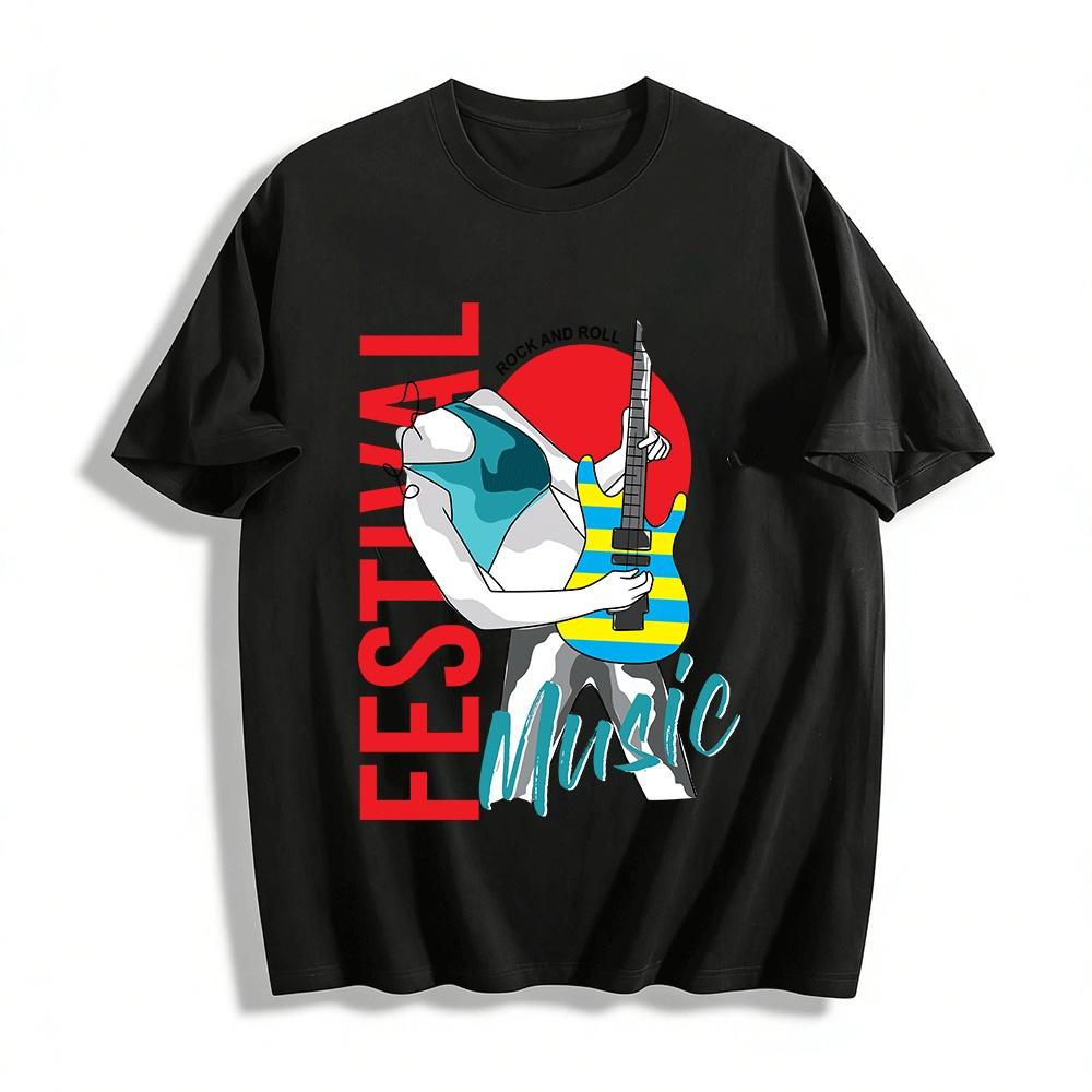 

Vintage Rock Festival Guitar Print Casual Short Sleeve T-Shirt Pure cotton T-shirt XXS