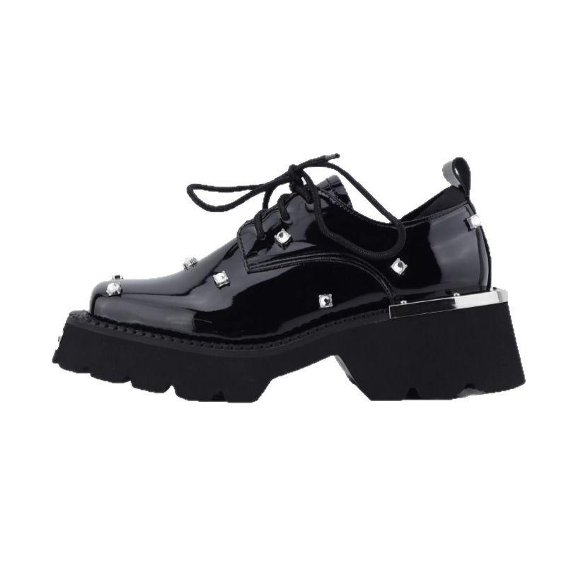 Rhinestone thick-soled thick-heeled small leather shoes for women's 2025 early spring new leather British style metal black lace-up shoes