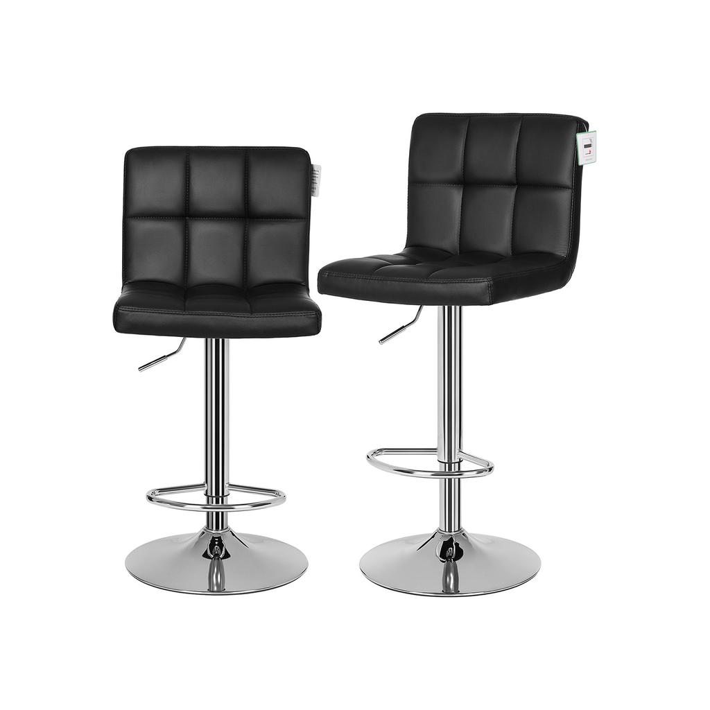 SONGMICS Set of 2 Bar or Kitchen Stools In Faux Leather, Adjustable and 360 Degrees Swivel, with Backrest and Footrest, Chromed Steel Structure, Black