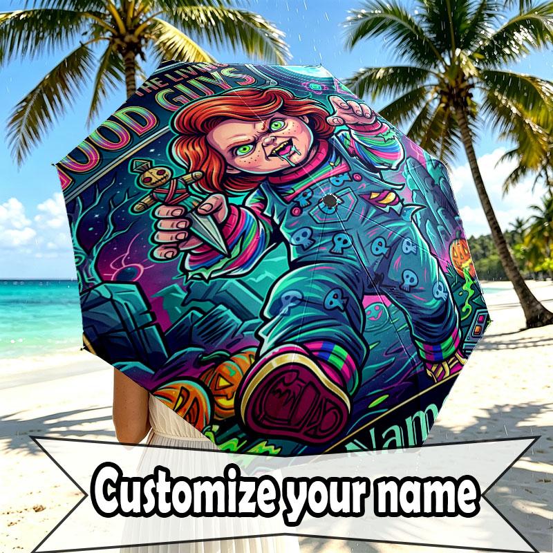 Custom Name Personalized Horror Theme Chucky Print Umbrella, Auto Open Close, 8‑Rib Sturdy Frame, Commute Camping Hiking Use, Birthday Gift