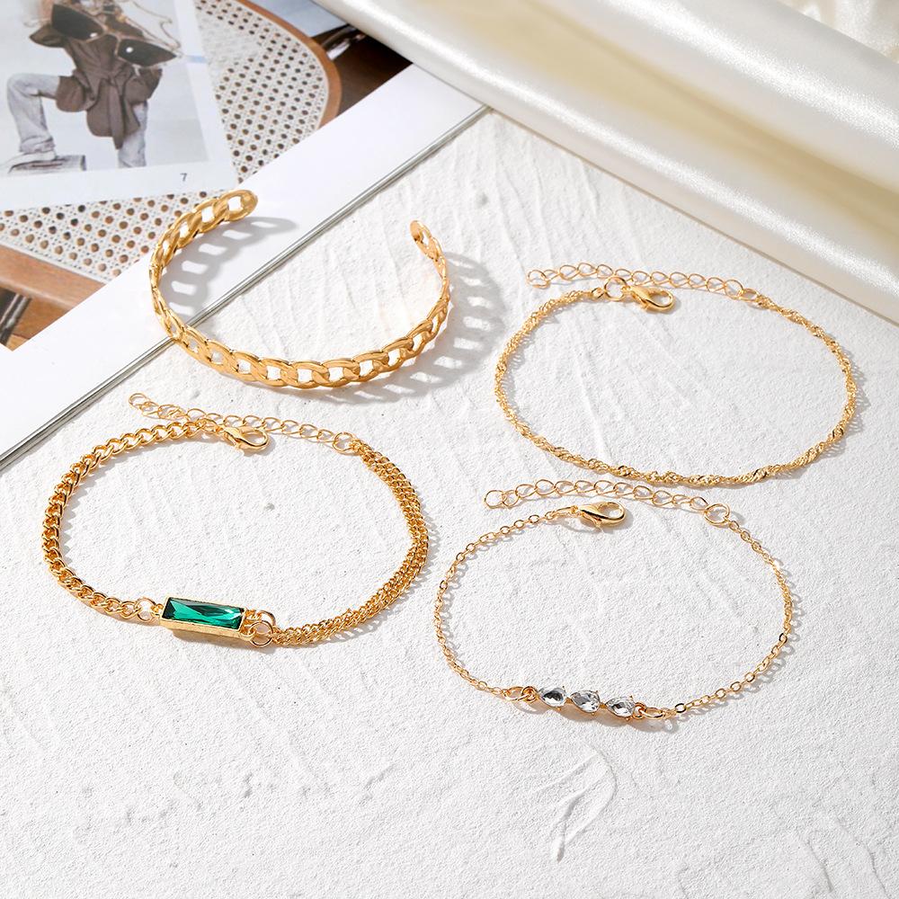 Fashion Multi-layer Bangle Set Artificial Crystal Chain Vintage Golden Chain For Women Green Square Water Droplet 4-piece Creative Bracelet
