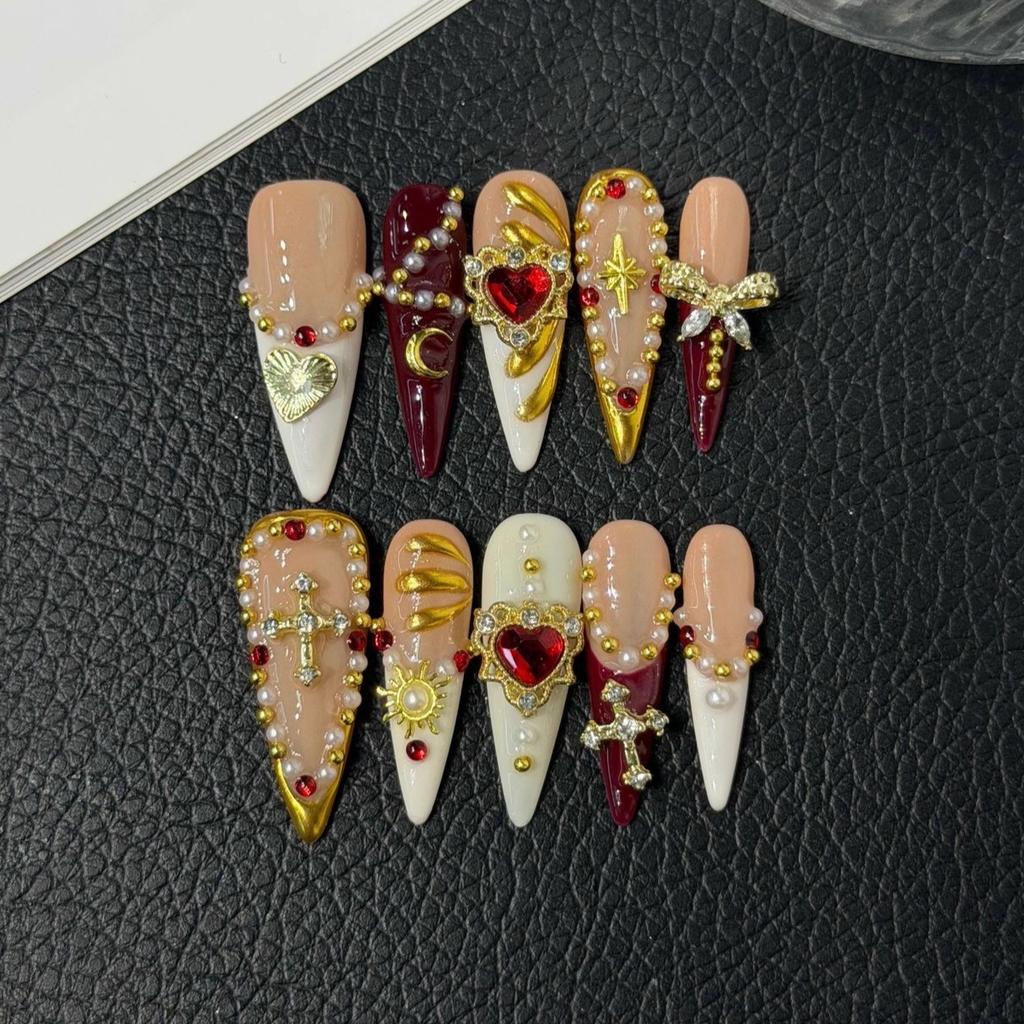 10Pcs Retro Stiletto Handmade Press On Nails With 3D Red Love Design Wearable Stick On False Nails