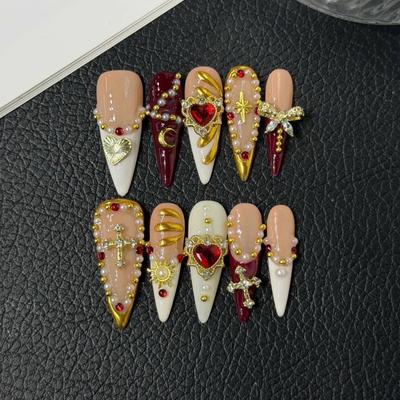 10Pcs Retro Stiletto Handmade Press On Nails With 3D Red Love Design Wearable Stick On False Nails