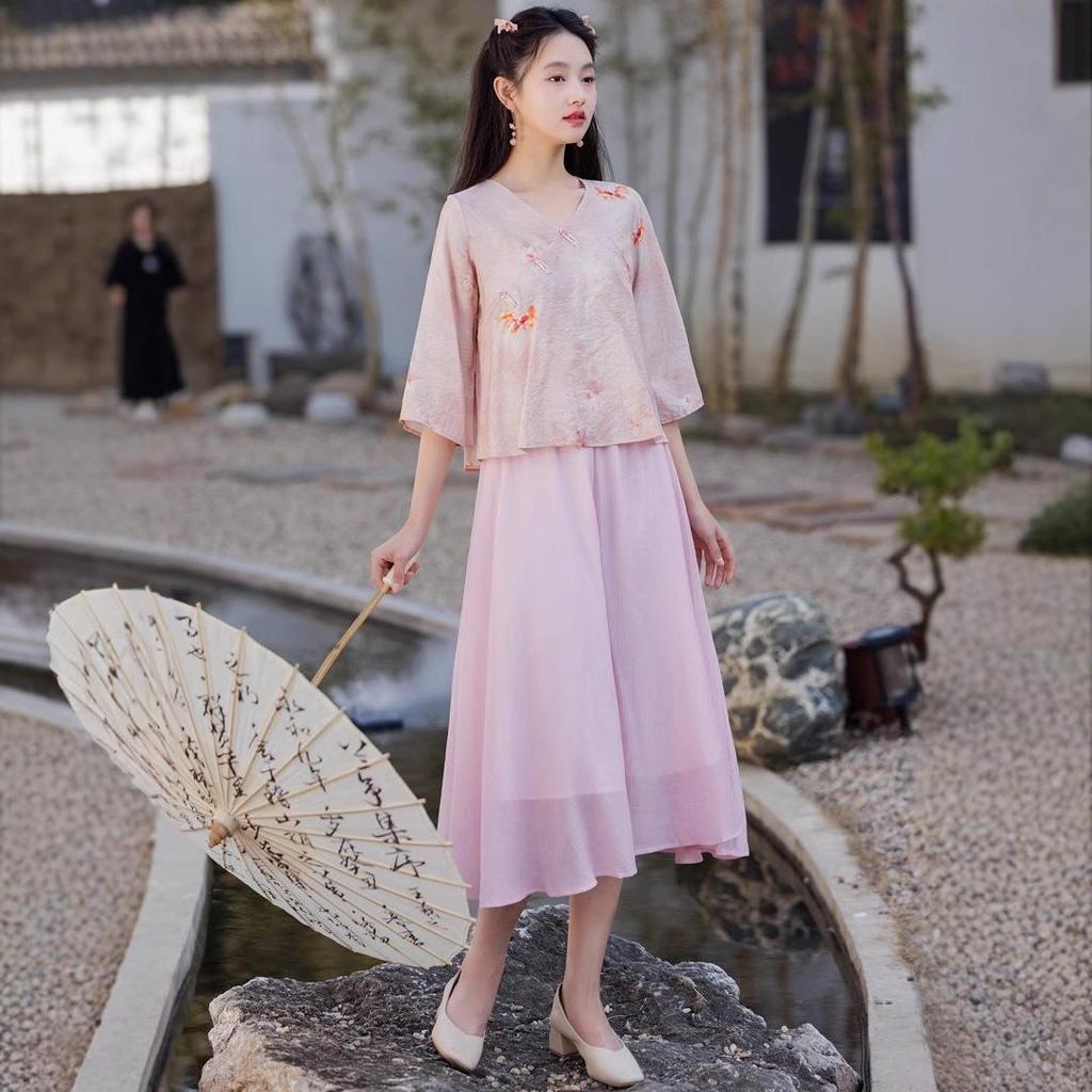 Moderner Chinesischer Zen Locker Übergröße Damen Hanfu Rock & Oberteil Set