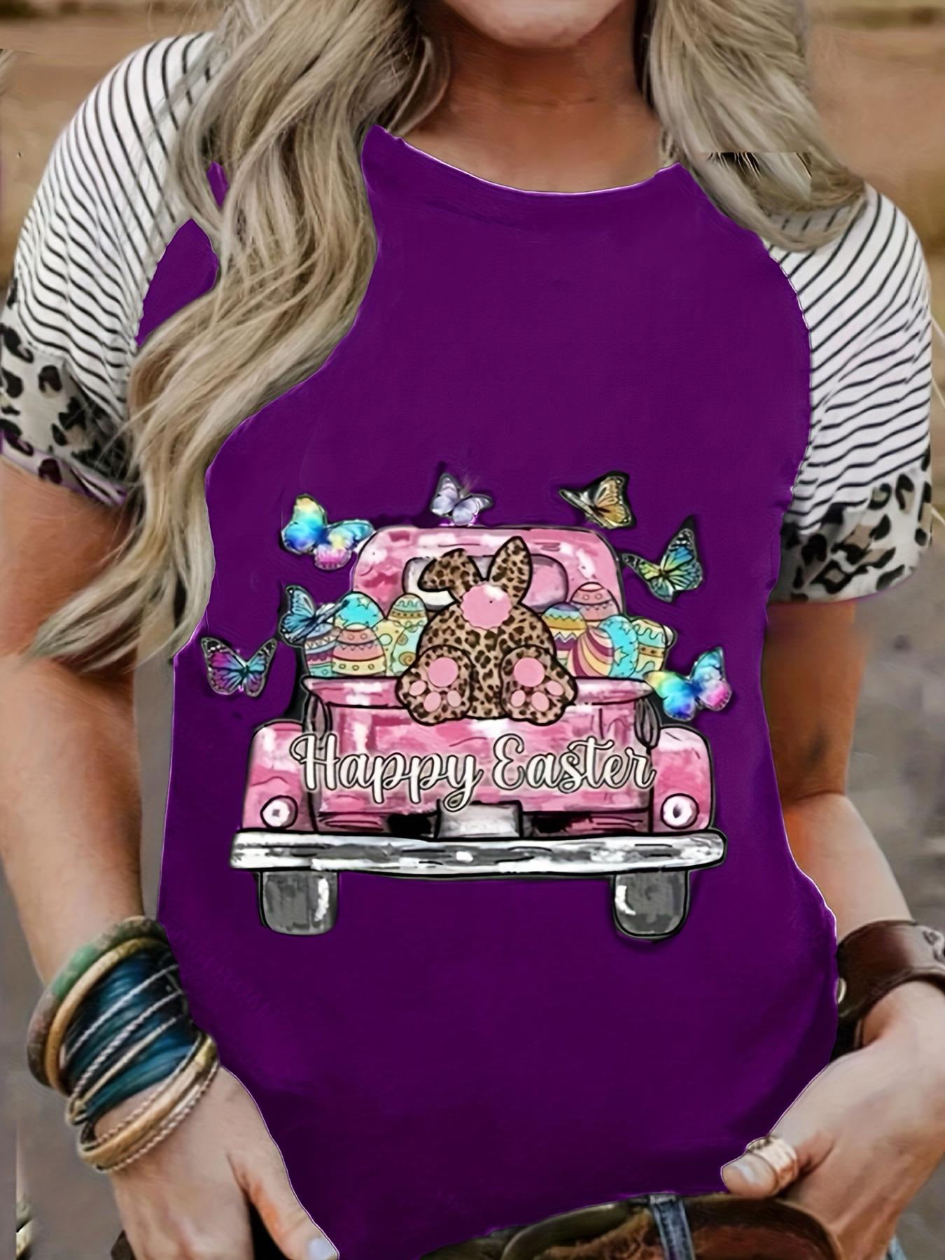 European & American Style Women s Rabbit Easter Print Round Neck Short Sleeve T-Shirt 5XL фиолетовый