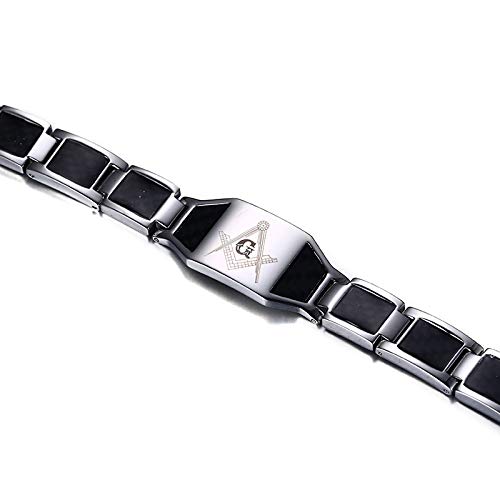 Rockyu Men's Titanium Magnetic Bracelet with Black Plate, Engraved Freemasonry Germanium Bracelet, Metallic Look (White)