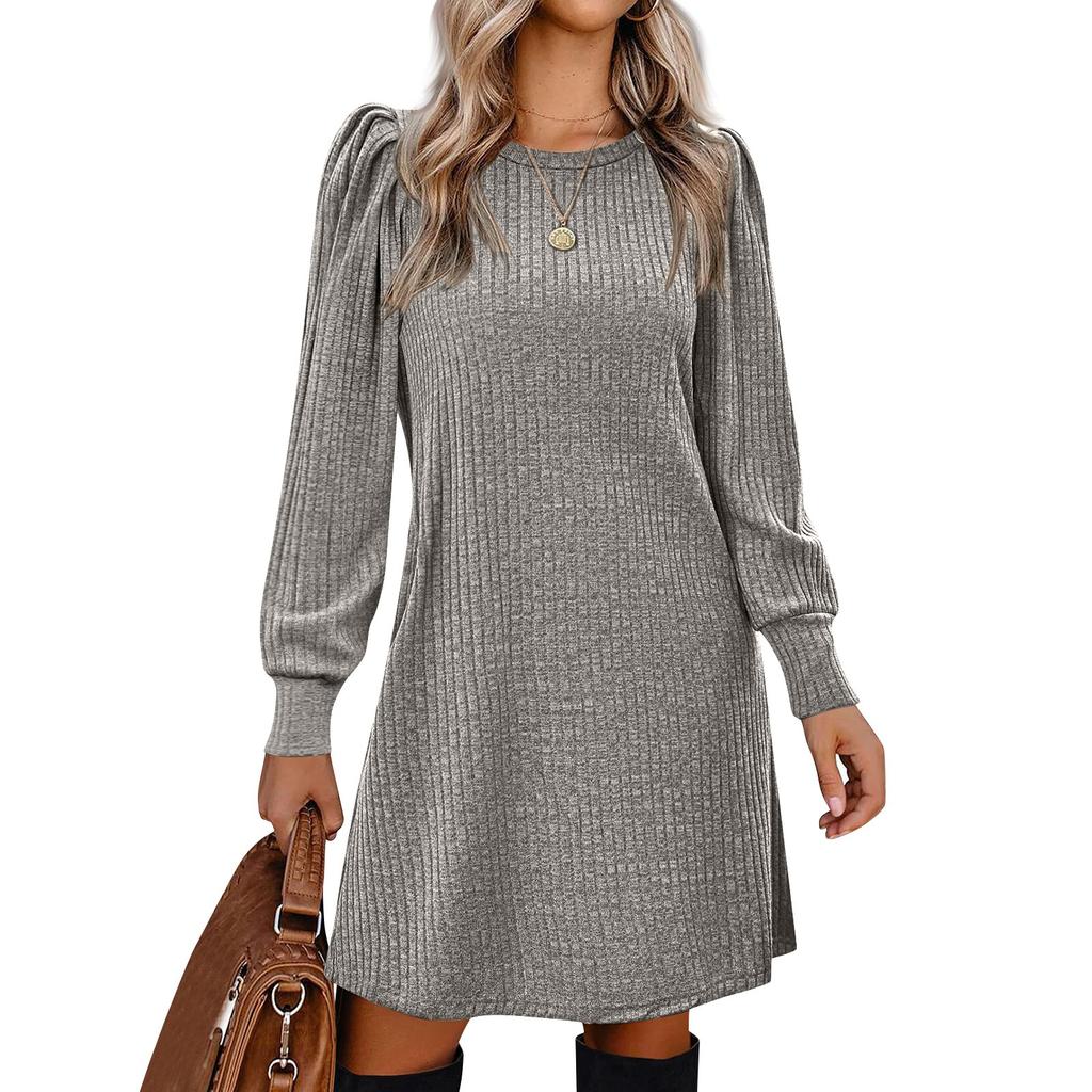 Dámské nafouknuté šaty s dlouhým rukávem Ležérní pletené šaty s vrásčitým výstřihem ke kolenům s kapsami