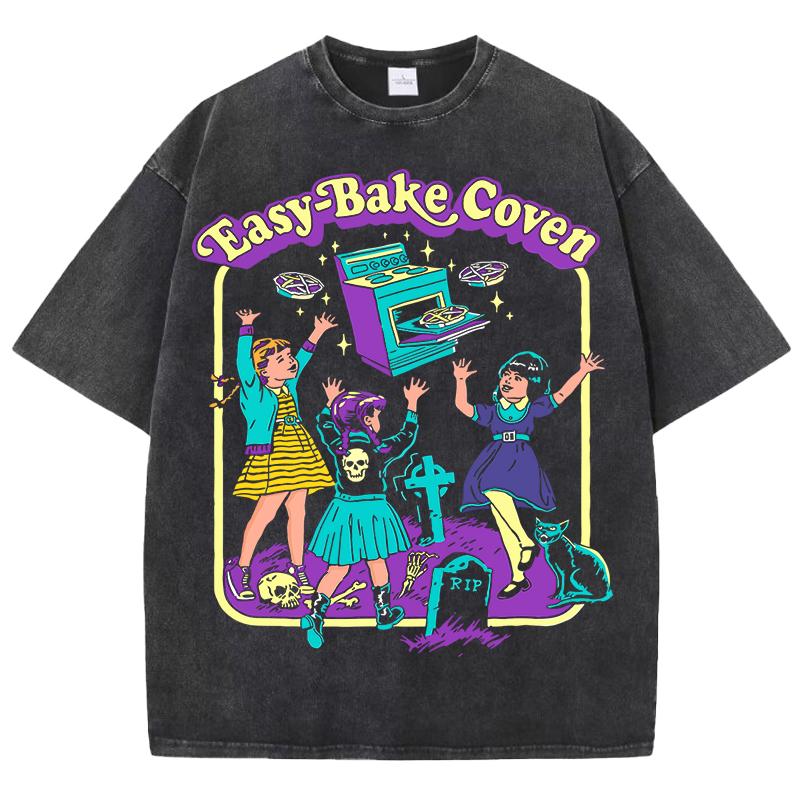 

Easy Bake Coven Printed Washed T Shirt Men Summer Breathable All-Match Tops Trendy Short Sleeve Unisex Cotton Streetwear S