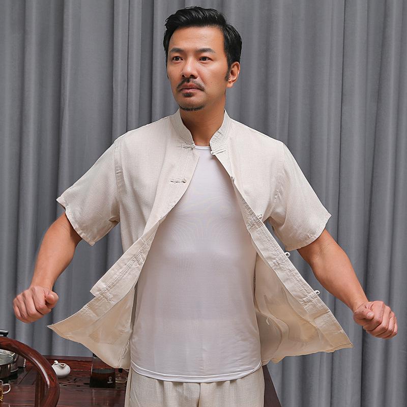 2025 Men s Linen Tang Suit: Chinese Style Short Sleeve Zhongshan Top for Middle-aged & Elderly M