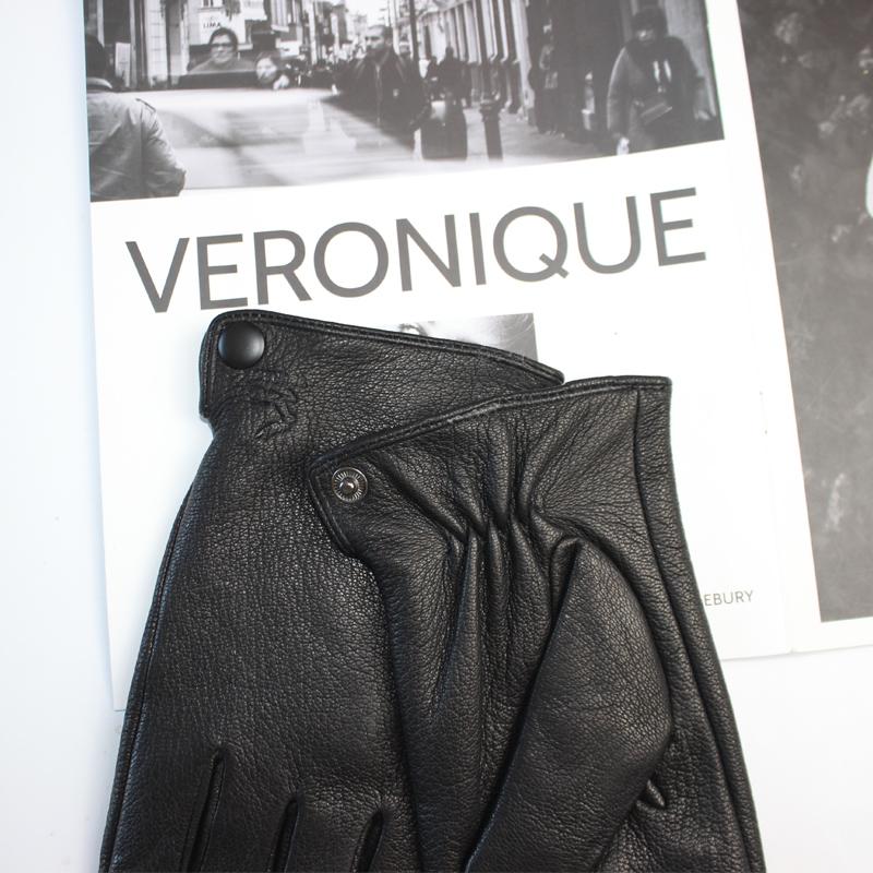 New men's deerskin driving gloves leather corrugated winter thickening warm imitation rabbit fur lining straight gloves autumn