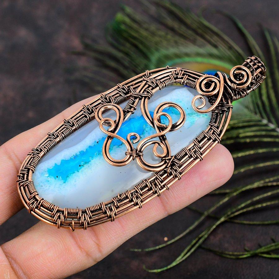 Aqua Botswana Druzy Copper Wire Wrap Jewelry Pendant 3.78 p5W05