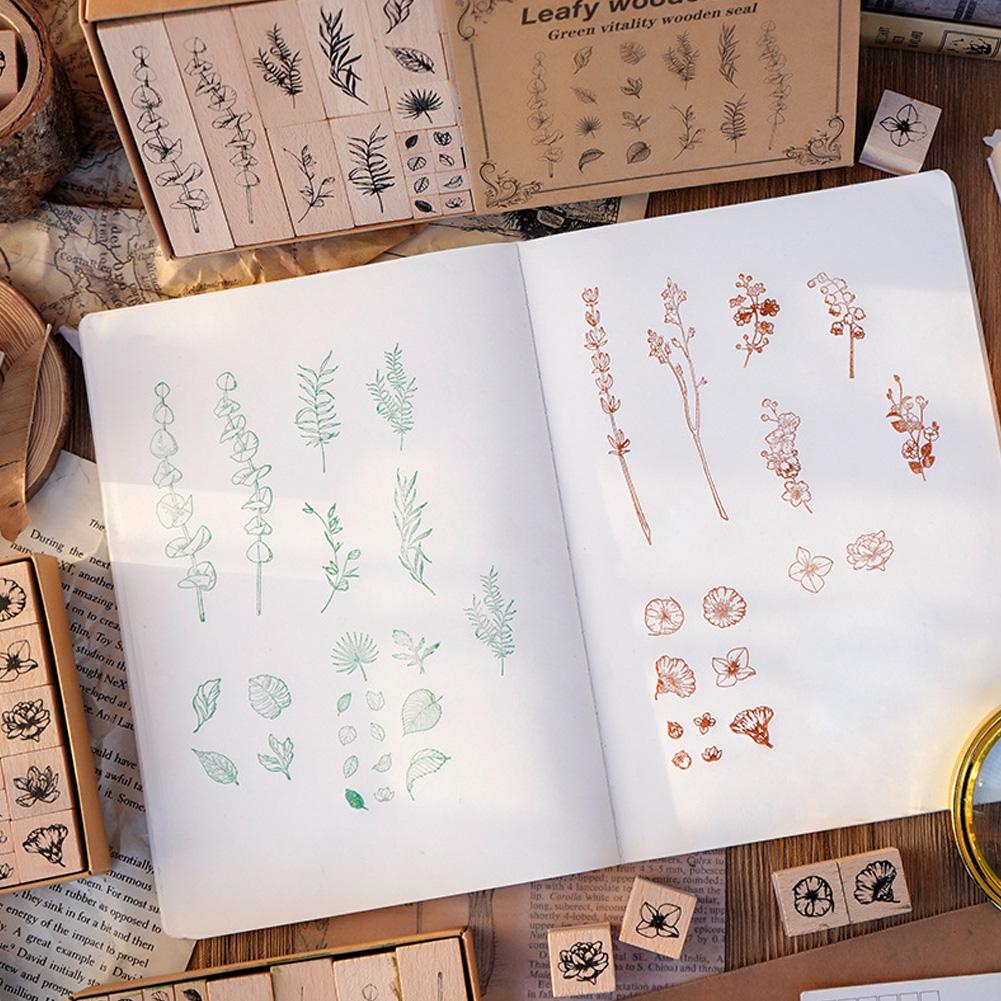 Flower Leaf Stamp Seal Set Universal Wooden Stamps Seal 22Pcs/Set Multi-purpose DIY Scrapbooking Diary Decoration Gift Supplies