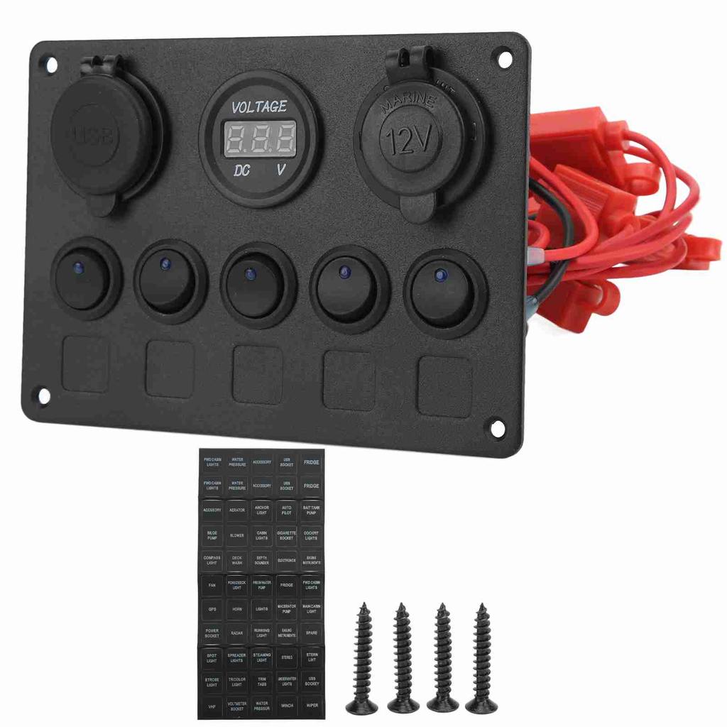 Panel de interruptores basculantes redondos de 12 y 24 V con 5 posiciones, doble puerto USB, cargador de coche, protección contra sobrecalentamiento y uso en barcos.