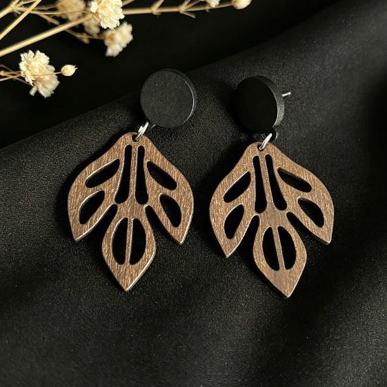 Retro Color Block Leaf Shape Wooden Earrings – Double-sided Black Round Leaf Vein Design