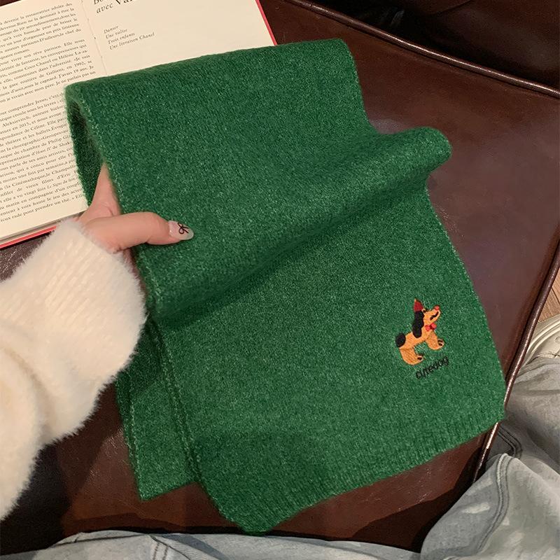 Japanese Cute Puppy Embroidered Scarf Women's Autumn and Winter New Warm Versatile College Style Knitted Scarf Tide