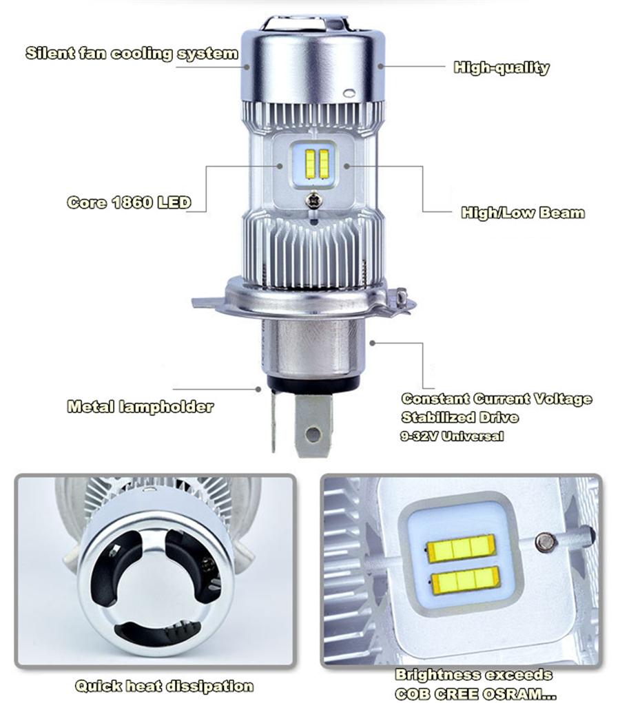 1PC H4 LED Motorcycle Hi-Lo Beam Headlight Bulbs Plug and Play 9-30v 5700-6200K