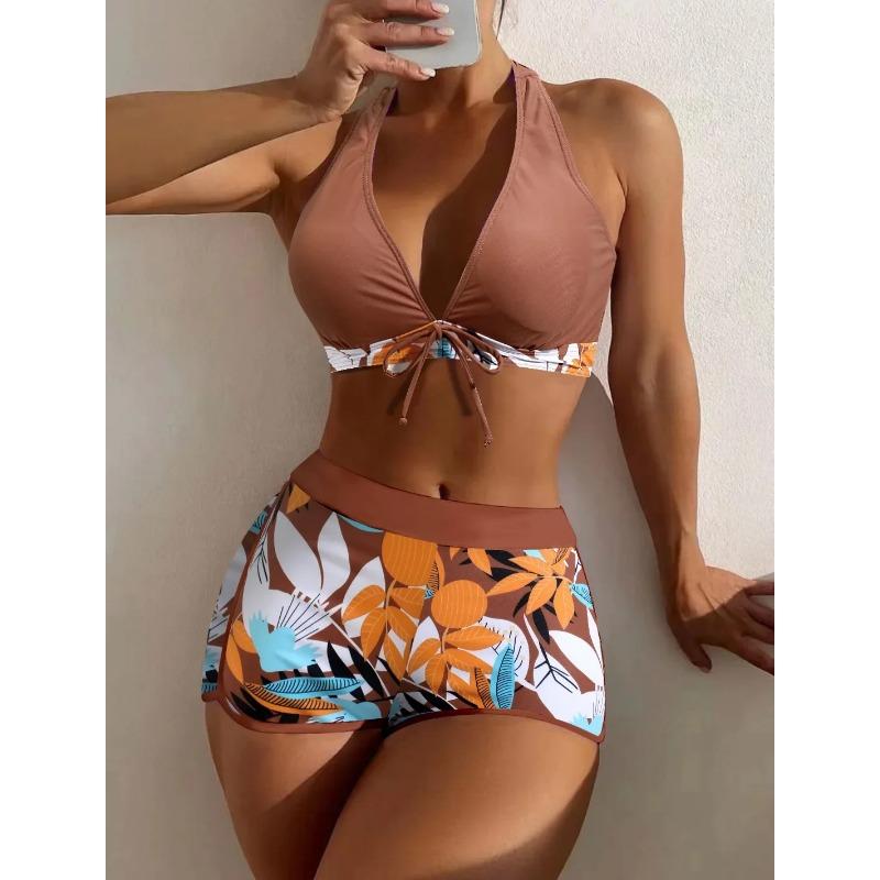 Fashion Printed Swimsuit Women Spliced Lace Up Sporty Surfing Bikini Set Bathing Suit Beachwear Swimwear Female Swimming Suits