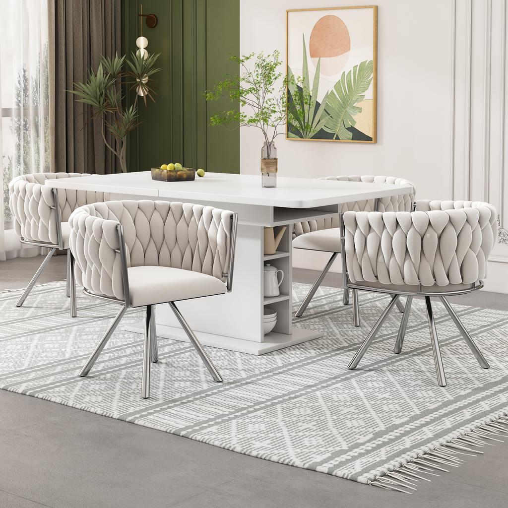 Samt Esszimmerstuhl, 2er-Set, Einzelner leichter Luxus Wohnzimmer Schlafzimmer Drehstuhl, Freizeit-Drehstuhl mit vier Metall-Stützbeinen, Beige+Silber