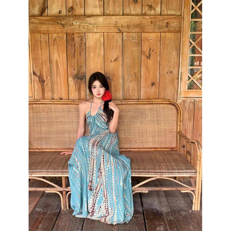 Xishuangbanna Thai Retro Bohemian Neck Sling Dress Female Sexy Backless Seaside Vacation Dress