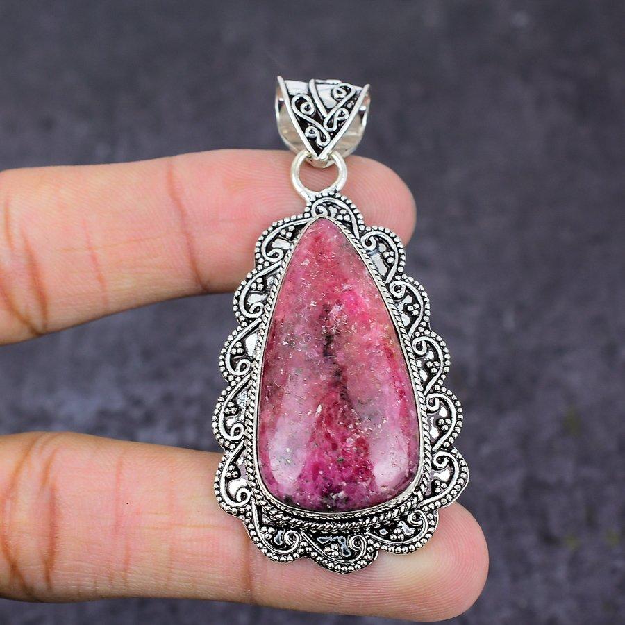 Gema Rodonita Natural Feito à Mão Prata de Lei 925 Pingente Presente 2,64" o2z68