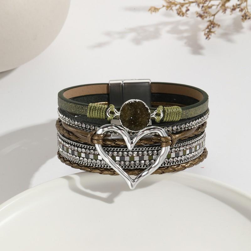 Boho Layered Leather Wrap Bracelet With Natural Stone Heart Charm Women