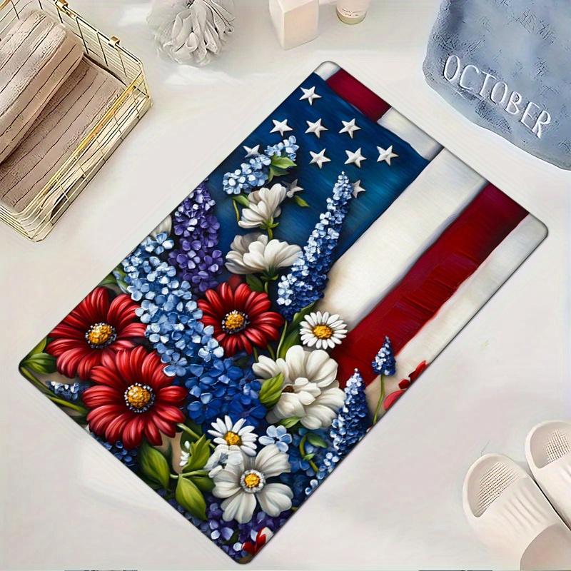 Flannel Sponge 0.47inch Thick - 1pc American Flag and Floral Pattern Kitchen Fl Mat, Non-Slip Floor Area Mat, Doormat for Entryw