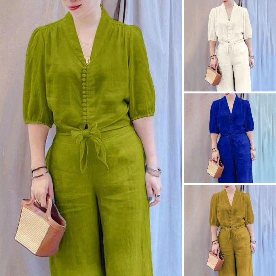 

Брюки, комплект из 2 шт./компл., комплект сверху, с короткими рукавами, на шнуровке, однотонный, с v-образным вырезом, с высокой талией, с карманами, с широкими штанинами, мягкий, дышащий S белый