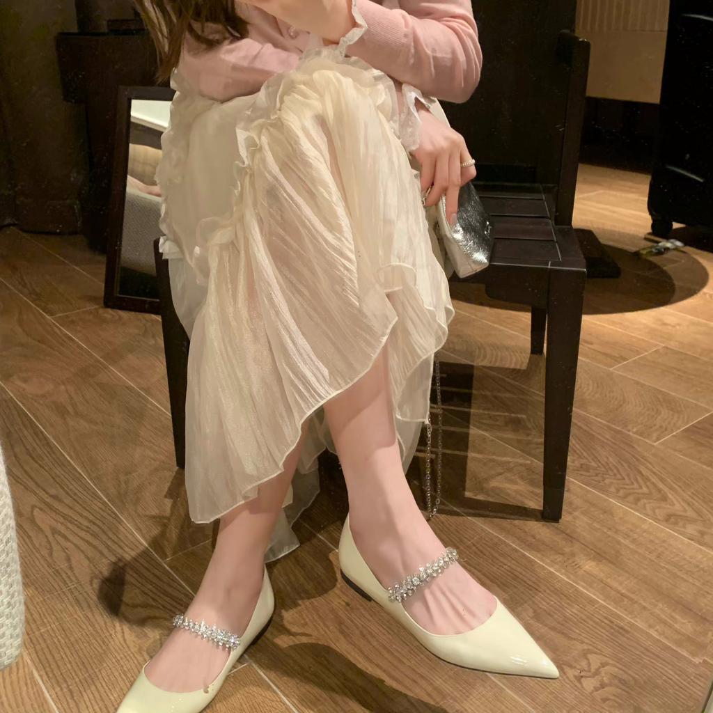 Sheepskin version~ Fairy wind and rhinestone word with Mary Jane single shoes women's soft-soled pointed head shallow mouth ladyshoes flats