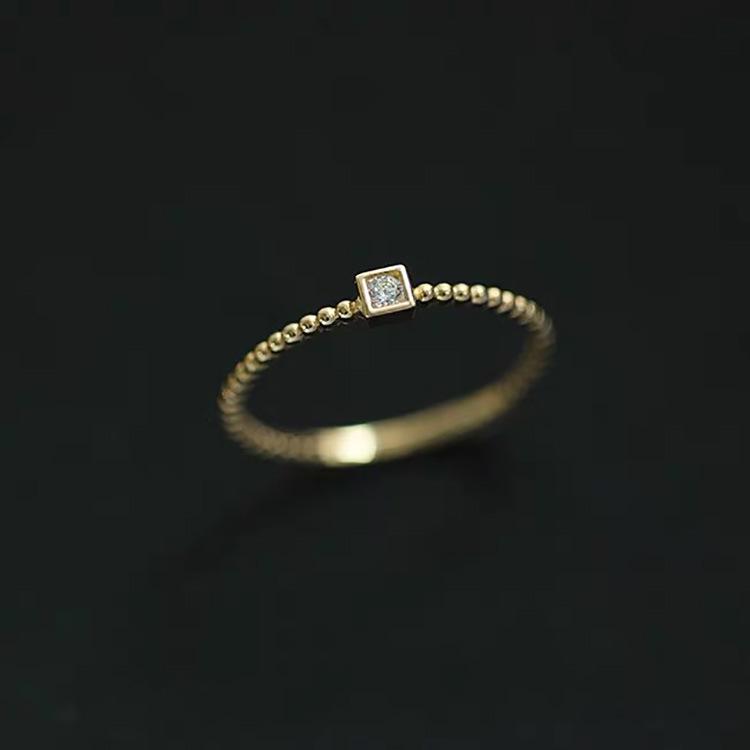 

925 Sterling Silver Beaded Edge Mini Gold Bean Square Adjustable Ring, Niche Design for Versatile Style Open Adjustable