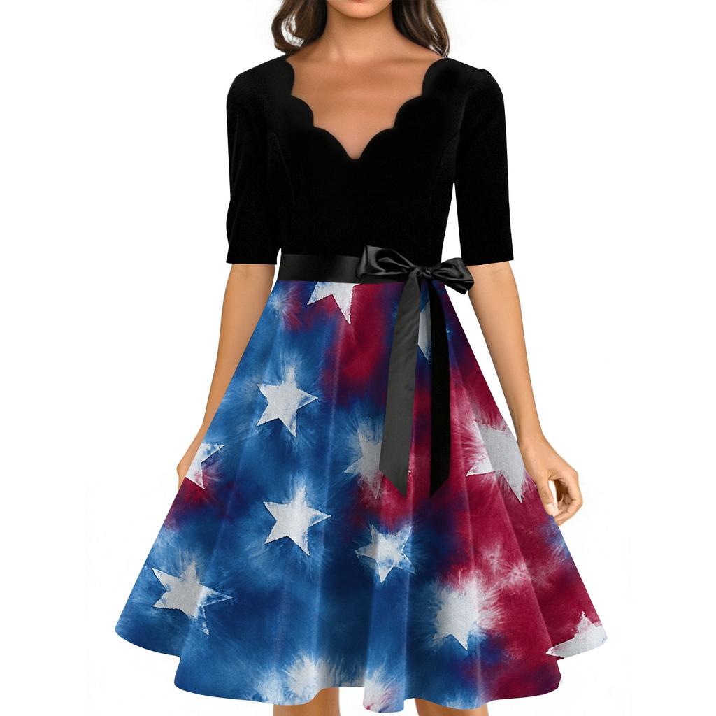 Women’s Vintage A Line Dress with Scalloped Neckline Half Sleeve and Star Print Flared Skirt Retro Style Belted Waist