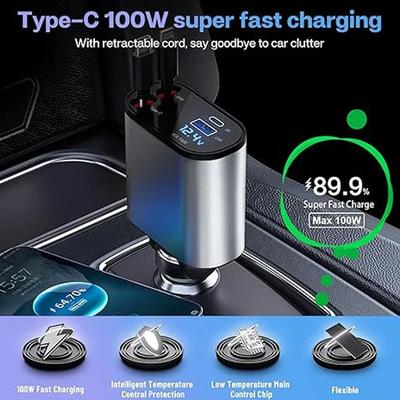 Araç Şarj Cihazı 100w 4'ü 1 Arada Süper Hızlı Şarj Araç Telefon Şarj Cihazı Geri Çekilebilir Kablolu USB Type C Portu Araç Çakmak Adaptörü